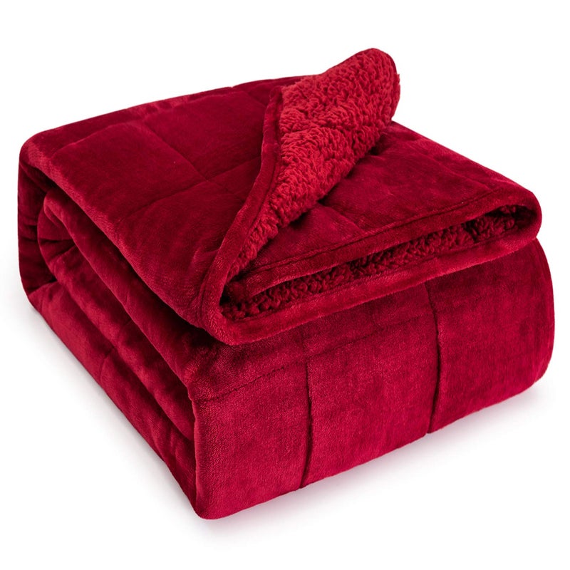 Wemore Sherpa Fleece Weighted Blanket for Adult, 15 lbs Dual Sided Cozy Fluffy Heavy Blanket, Ultra Fuzzy Throw Blanket with Soft Plush Flannel Top, 48 x 72 inches, Burgundy on Both Sides - Image 1